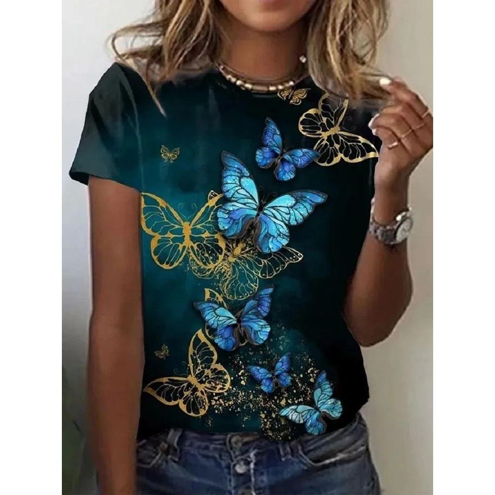 3D Printed Pattern T-shirt, Summer and Spring Short Sleeved Round Neck Casual Top, Women's Clothing
