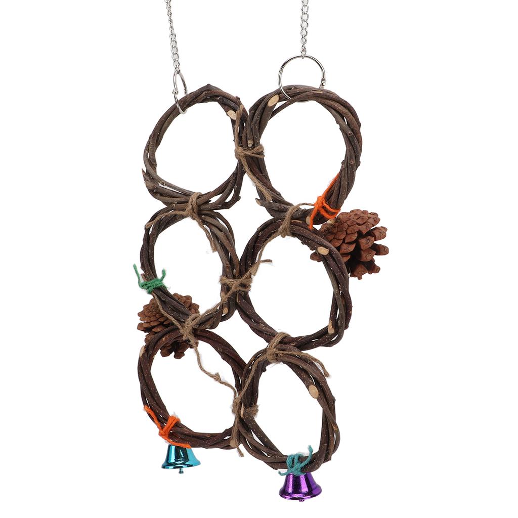Bird Hanging Swings Toy Wooden Parrot Swing Circle Ring Toy Climbing Net with Bells6 Rings