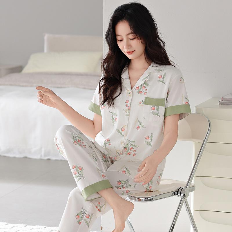 Pajamas women's summer cotton short-sleeved trousers thin summer 1011 new large-size summer cardigan loungewear