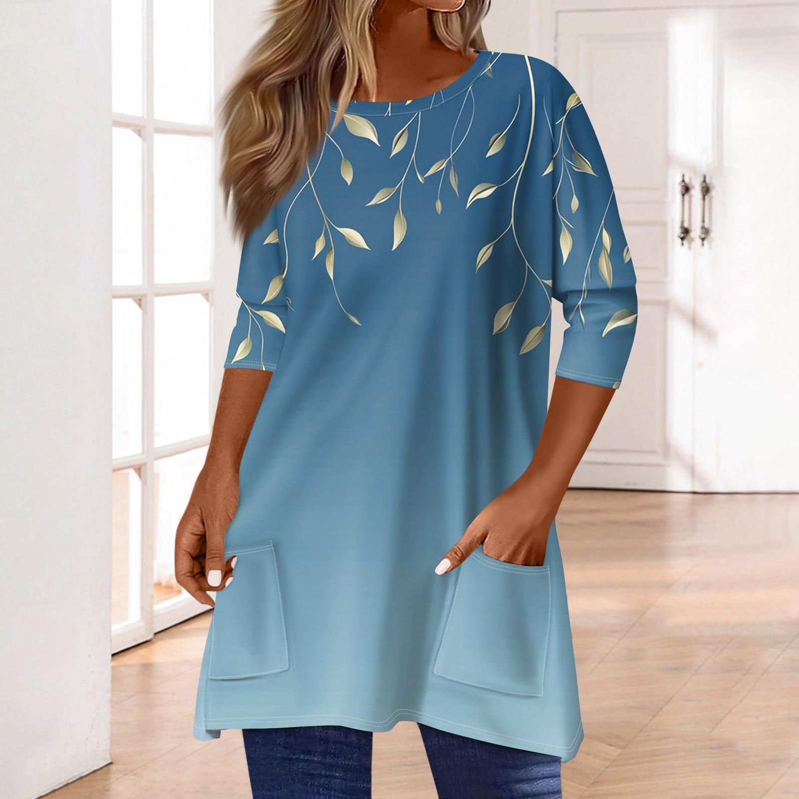 

3/4 рукава кармана топы для женщин футболка повседневный принт средней длины топы футболка круглый вырез пуловер блузка M синий