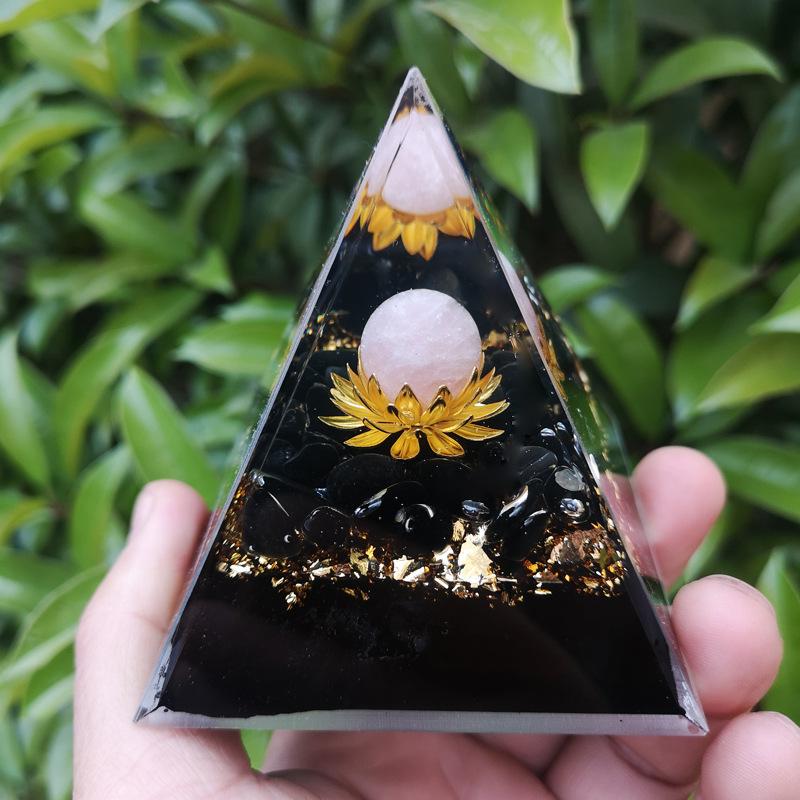 New Style Crystal Pyramid with Gold Lettering and Rose Quartz Gravel, 8cm Home Decor