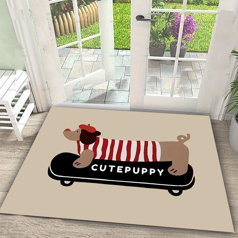 Funny Dachshund Skateboard Welcome Mat - Non-Slip Cute Sausage Dog with Red Beret Entryway Rug - Whimsical Puppy Indoor Carpet