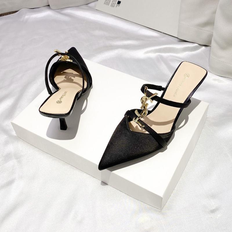 Patent Leather Metal Letter Bag Head Half Slippers Women Wear High Heels Summer New Thin Heels Pointed Fashion Vs