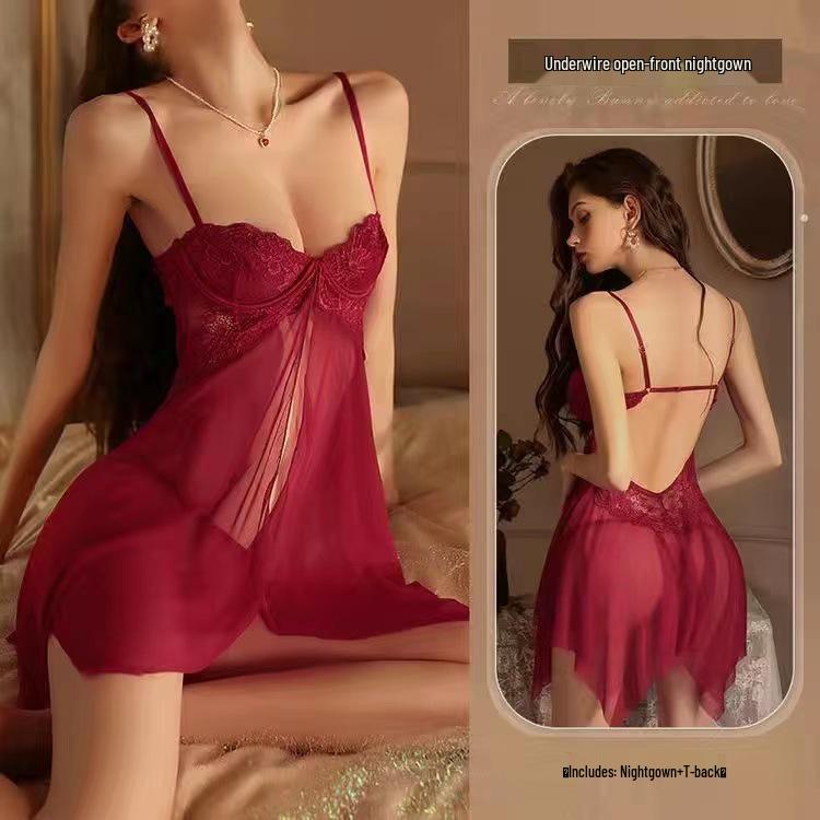 Elegant Lace Sheer Mesh Nightdress - Bust Enhancing, Plus Size, Thin Steel Ring, Sexy Summer Sling for Women