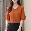 Women Casual V-Neck Solid Color Loose Half Sleeve Blouse