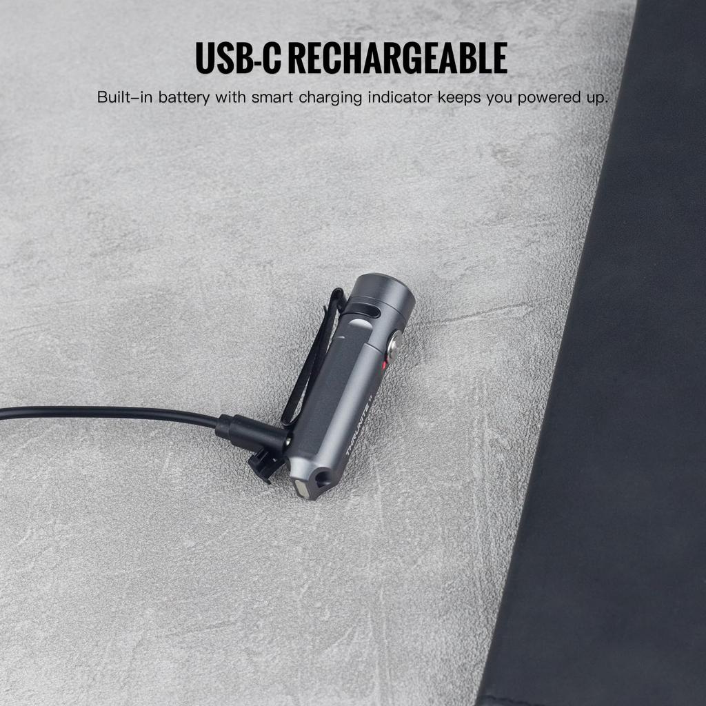 ThruNite Ti Schlüsselanhänger-Licht, 650 Lumen, USB-C wiederaufladbar, 60,8 mm, 26,5 g Kompaktes Taschenlicht mit magnetischer Endkappe (Grau)