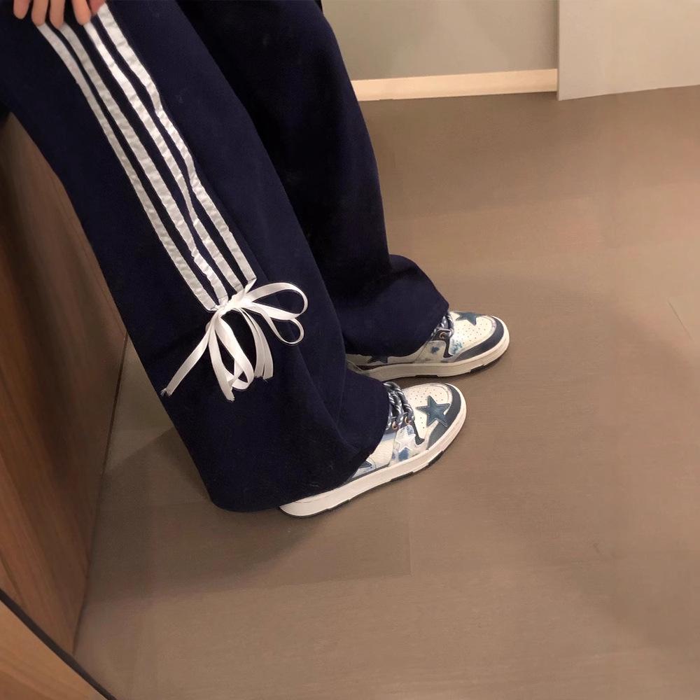 Korean Spicy Girl High Waist Bow Wide-Leg Striped Sport Pants for Women