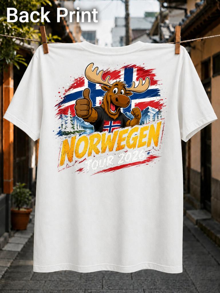 Norwegen Tour 2026 With Cartoon Moose Norwegian FlAg Brush Strokes Mountains Forest And Energetic Unisex All TShirt