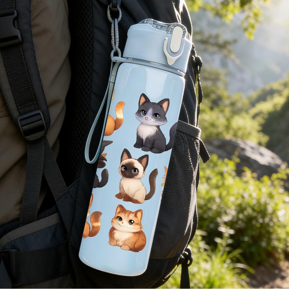 1PC Multi Breed Cat Repeat Pattern 750ml Color Plastic Sports Water Bottle Leakproof Flip Straw Lid Suitable for Sports Office Home Use