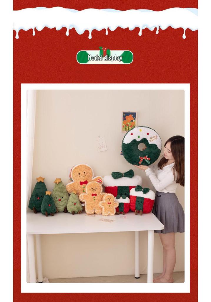 Festive Christmas Tree & Gingerbread Man Plush Cushion, New Year Gift & Wreath