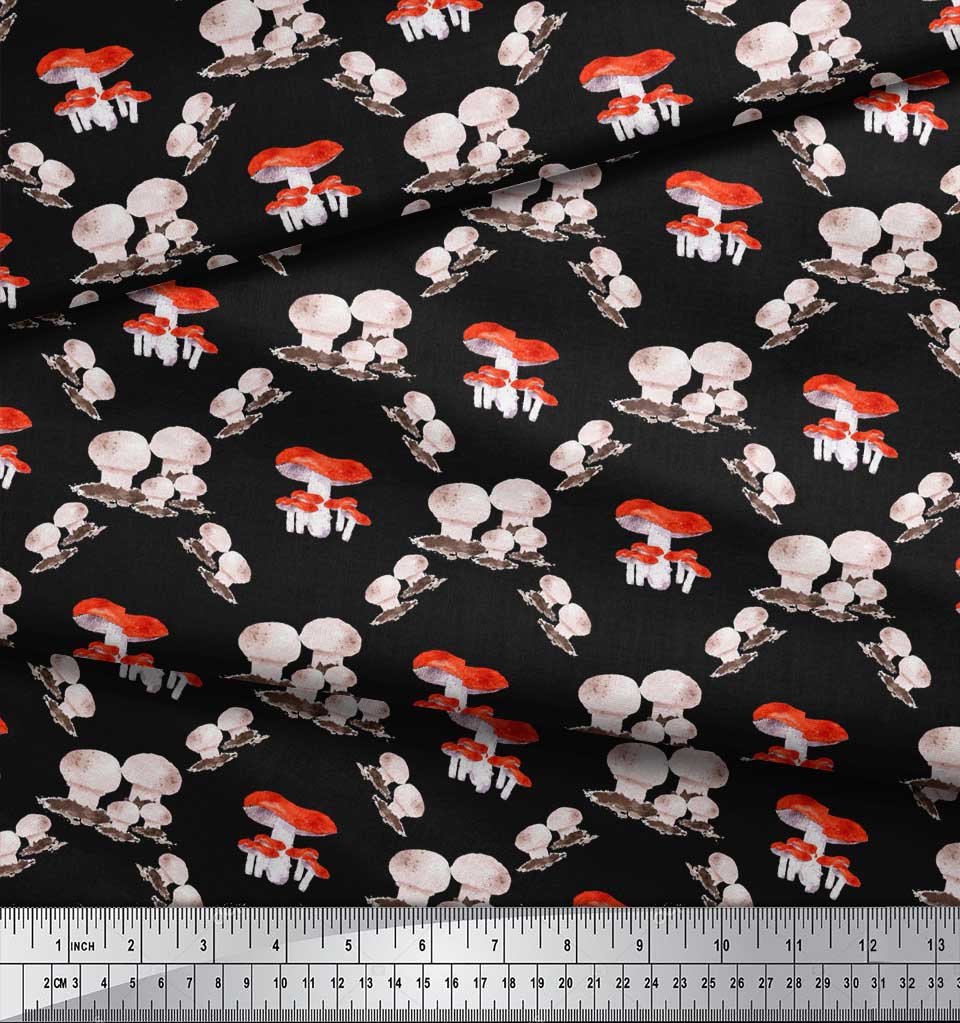 Soimoi Black Japan Crepe Satin Fabric Mushroom Vegetable Print Fabric by the metre 42 Inch