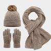 Autumn/Winter Diamond-shaped Knit Three-piece Set, Pom-pom Knit Hat, Scarf, Touchscreen Gloves, Outdoor Warm Outfit Coordination