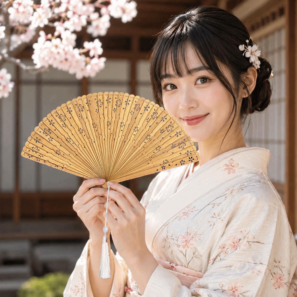 Sakura Folding Bamboo Fan Solid Color Kimono Fan Lightweight Tassel Folding Fan  Lady Dance Props