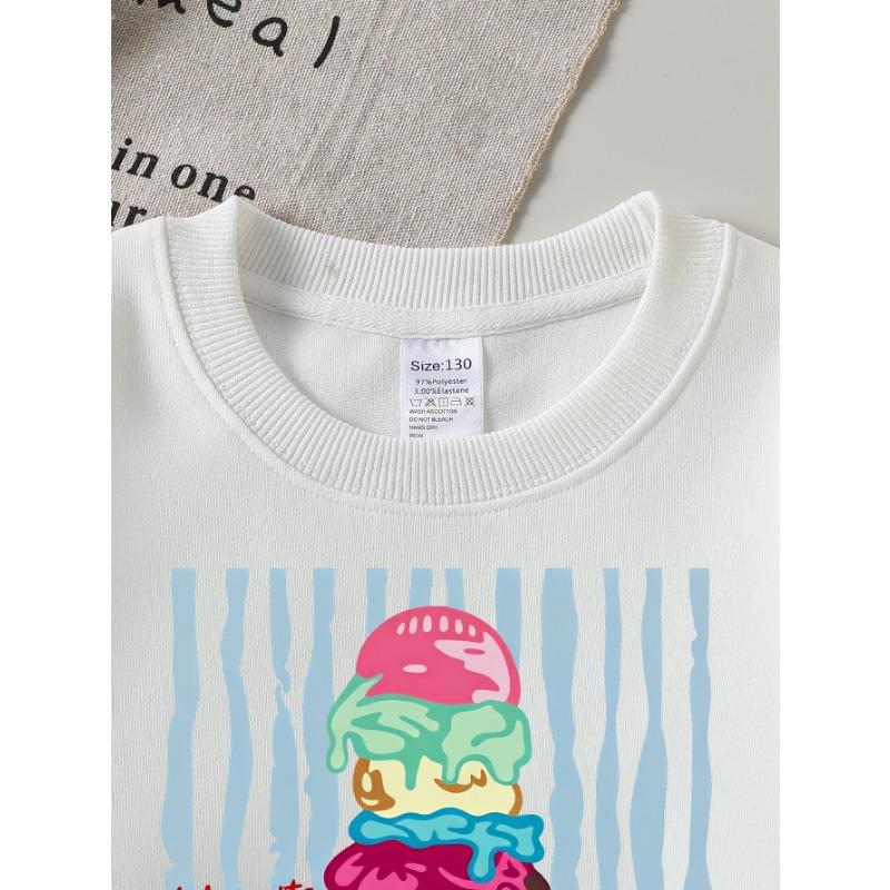European Sizes Girls Crew Neck Sweatshirt Colorful Gelato Ice Cream Cone Print, Soft Cozy Pullover, Warm Casual for Autumn & Winter.
