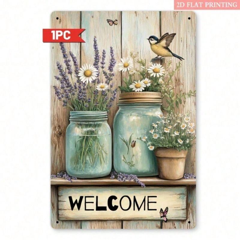 Metal Wall Art Vintage Farmhouse Welcome Sign with Jug and Lavender Wreath for Living Room Decor