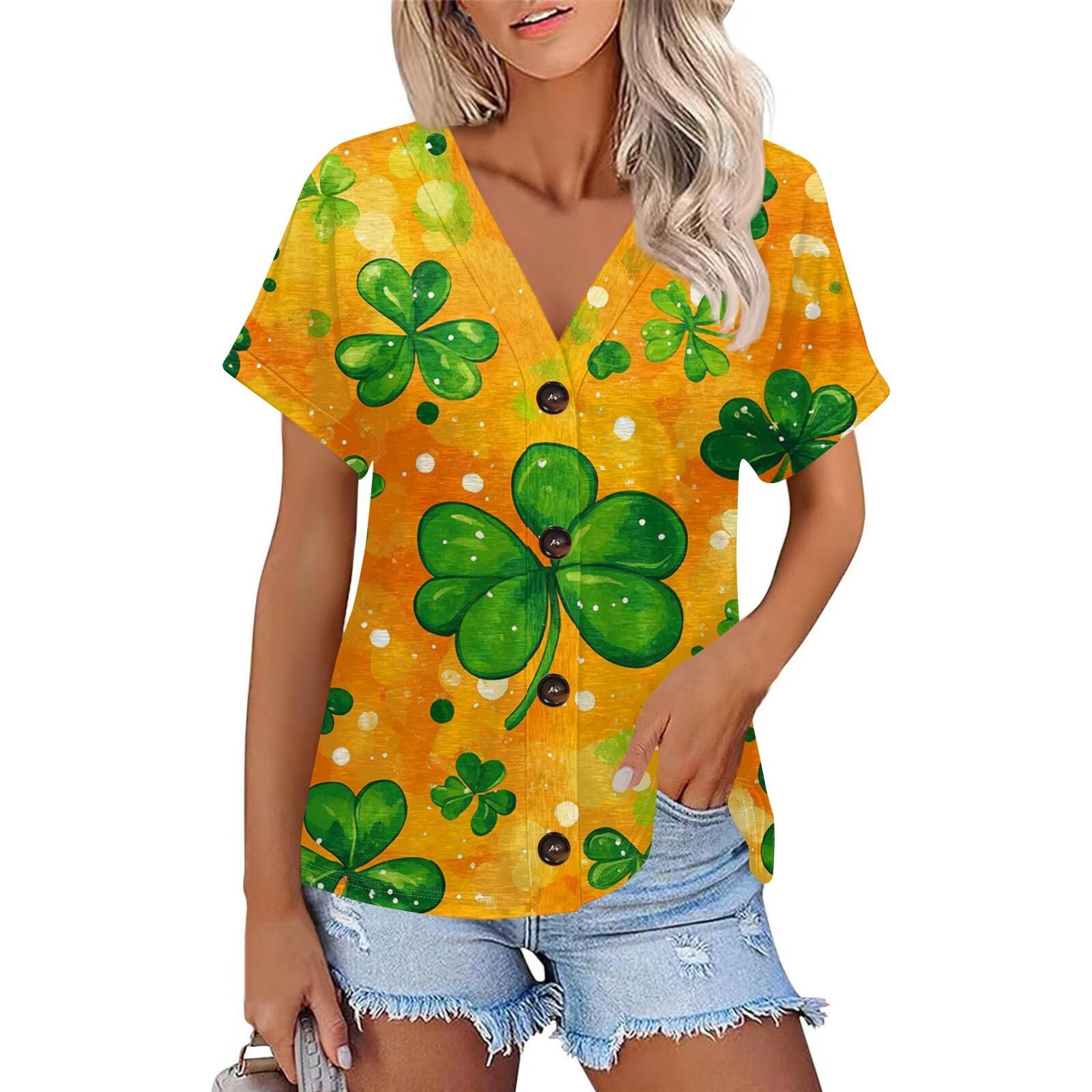 

Женская мода с коротким рукавом и V-образным вырезом St. Футболка с принтом Patrick Top Casual на пуговицах XXL оранжевый