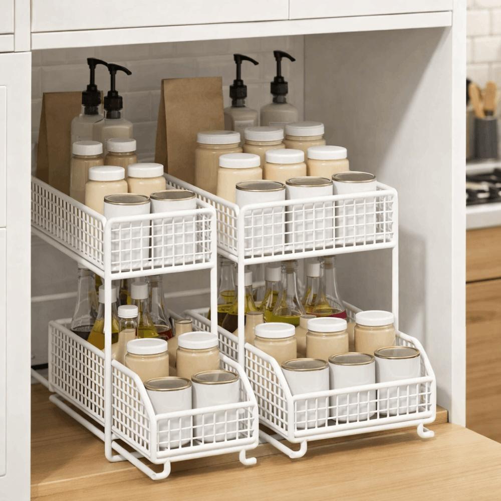 Stable Frame Pull Out Storage Rack Iron Under Sink Organizer Sliding Cabinet Basket for Kitchen