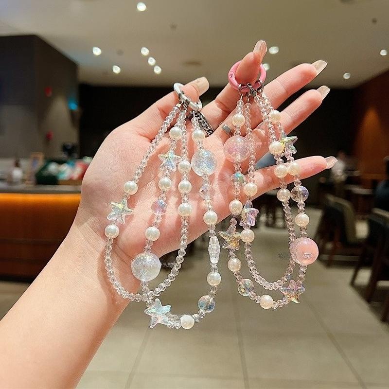 Crystal Starfish Double-layer Mobile Phone Chain Crystal Pearl Beaded Short Mobile Phone Lanyard Women's Bag Pendant