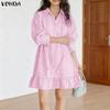 VONDA Women Casual Loose Turn Down Collar Long Sleeve Striped Ruffled Shirt Dress