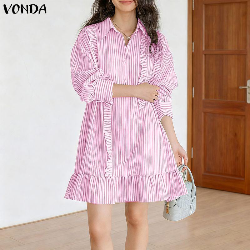 VONDA Women Casual Loose Turn Down Collar Long Sleeve Striped Ruffled Shirt Dress
