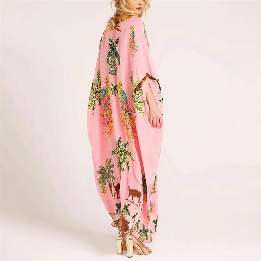 Women's Bat Sleeve V-neck Print Loose Long Classic Retro Dress Clothes Sale