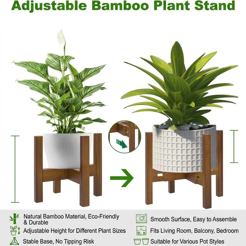 Adjustable Bamboo Plant Stand For Indoor Potted Plants Natural Material Durable Design