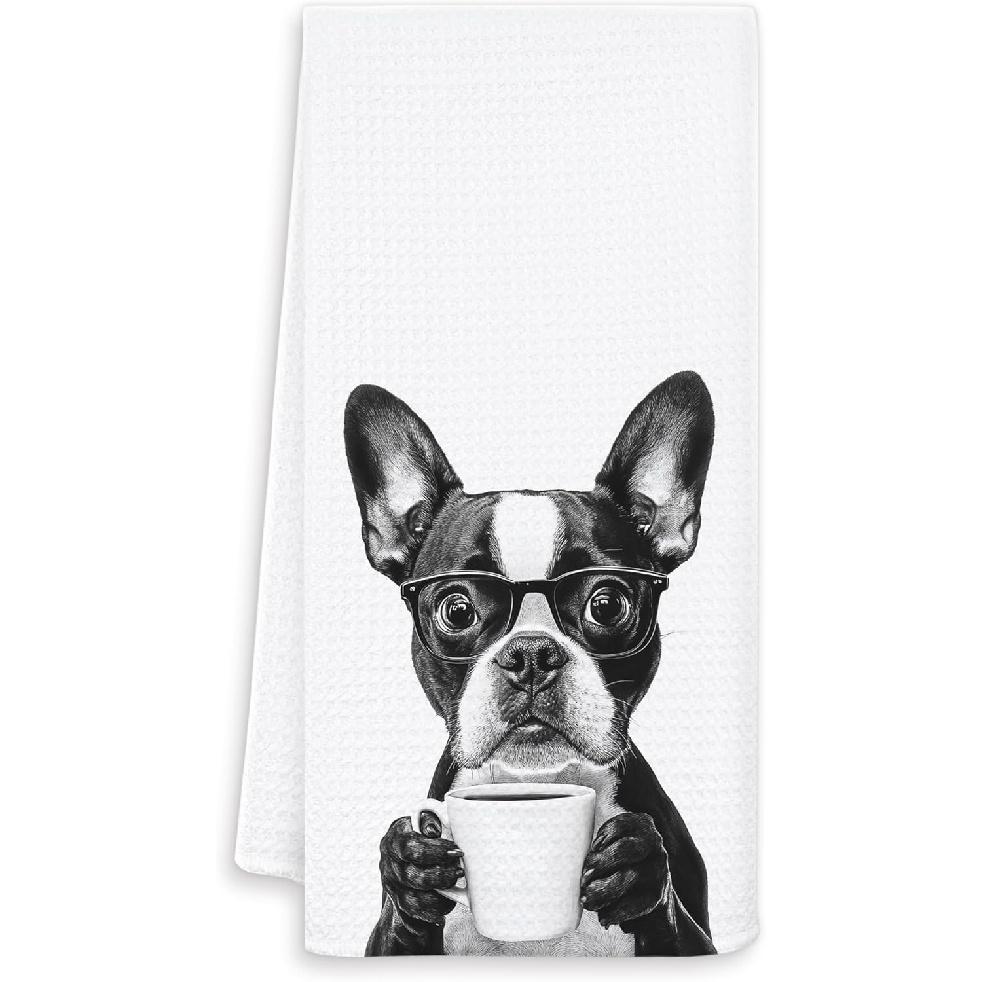 Funny Boston Terrier Kitchen Towels, Boston Terrier Gifts Dish Tea Towels, Black and White Dog Lovers Owner Gifts Hand Towel for Kitchen, Coffee Bar