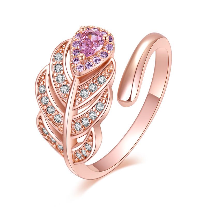 Artistic Leaf Feather Ring with Zircon Inlay - Japanese & Korean Style