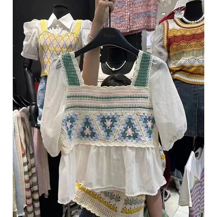 Chiffon Splicing Female Summer Unique Chic Design Sense Crochet Hollow Square Neck Blouse Casual Essential Comfort and Style Slim Fit Pullovers Tees