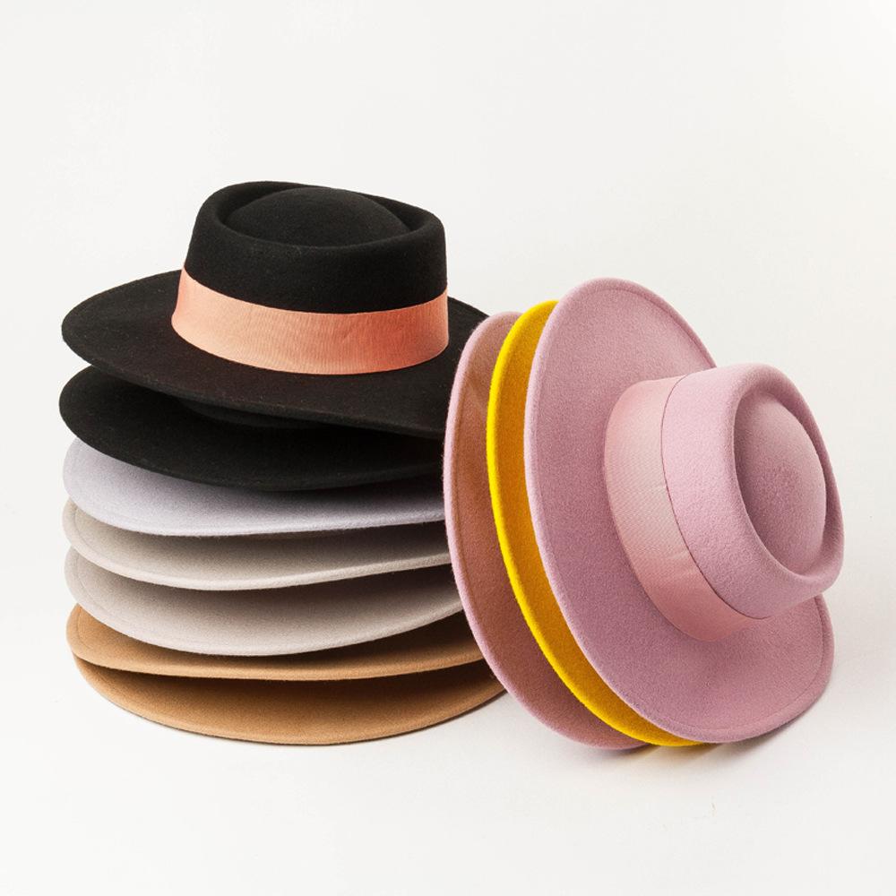 Neuer ringförmiger flacher Wollfilz-Zylinderhut mit breiter Krempe, Damenmode Frühling, Herbst und Winter flacher Wollzylinderhut