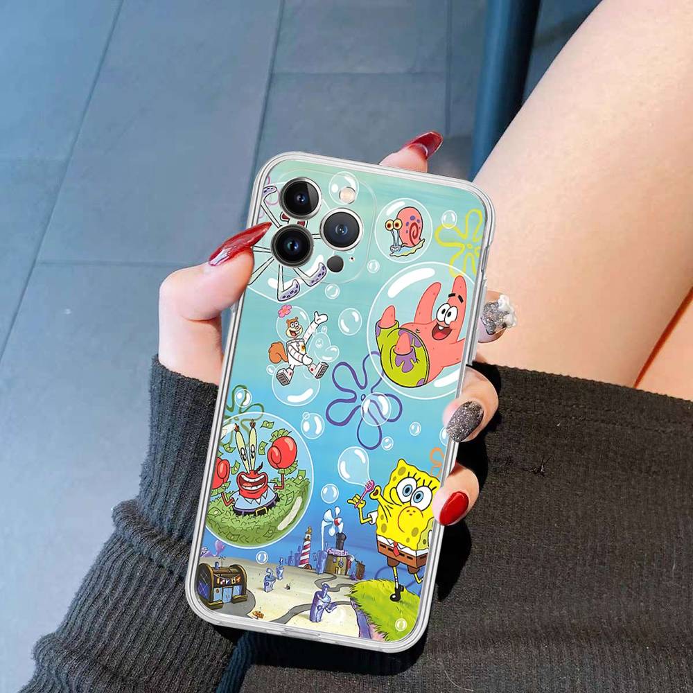 Cartoon Niedlich S-SpongeBob Anime Handyhülle Für IPhone 11 13 16 12 17 14 15 Pro Max Plus Weiche Klare Rückseite Hülle