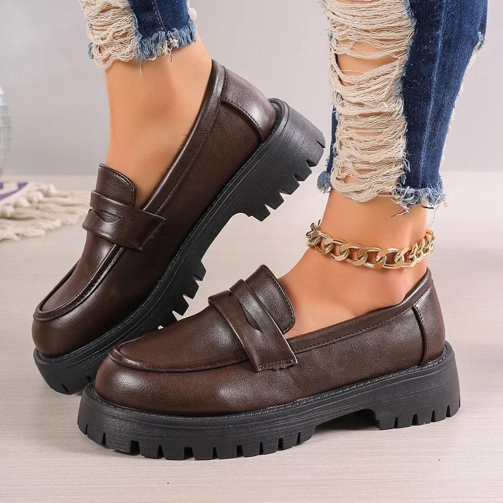 2025 Casual Platform Loafers WomanBritish Style Black Brown PU Leather Shoes for Women Comfort Slip on Flats Zapatos De Mujer