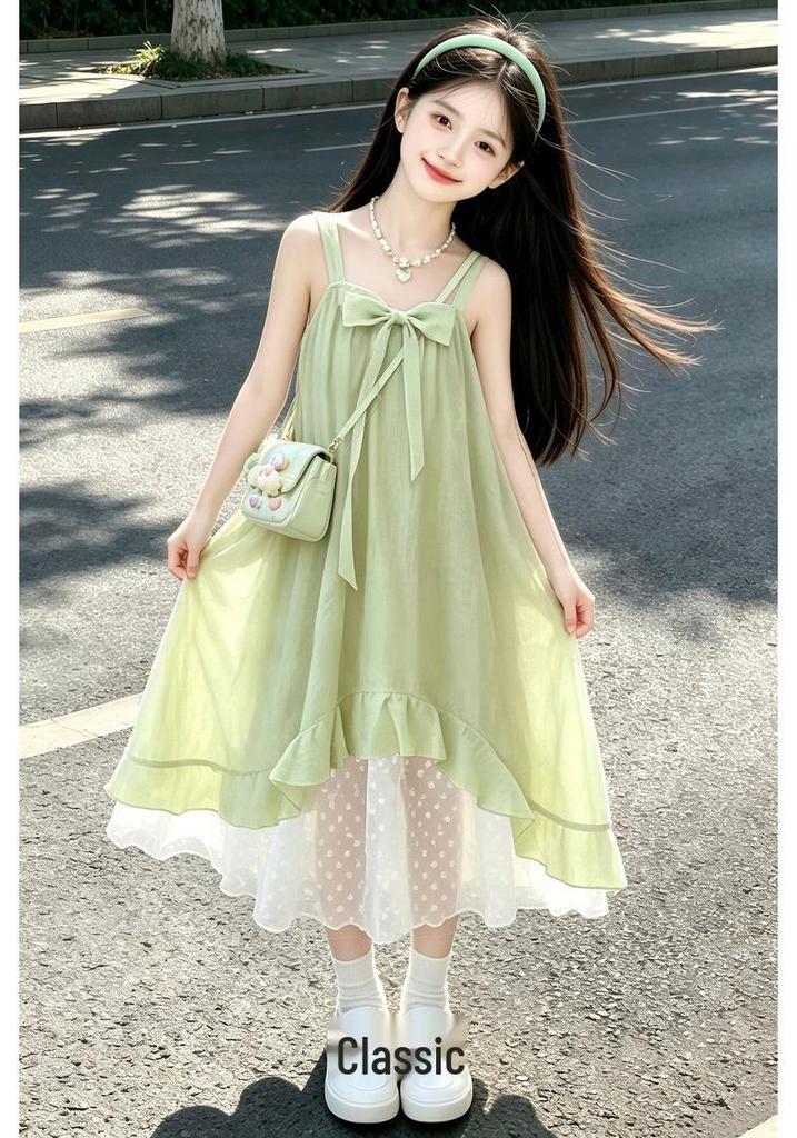 Vestito estivo da bambina stile coreano 2026: Abito Lungo Fresco con Spalline Sottili e Fiocco di Fata