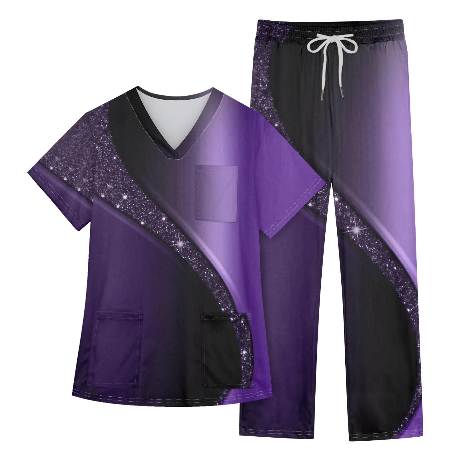 

Жіночі робочі штани з V-подібним вирізом із тваринним принтом і нагрудною кишенею з короткими рукавами та еластичною талією. Робочий комплект із двох частин XXL фіолетовий