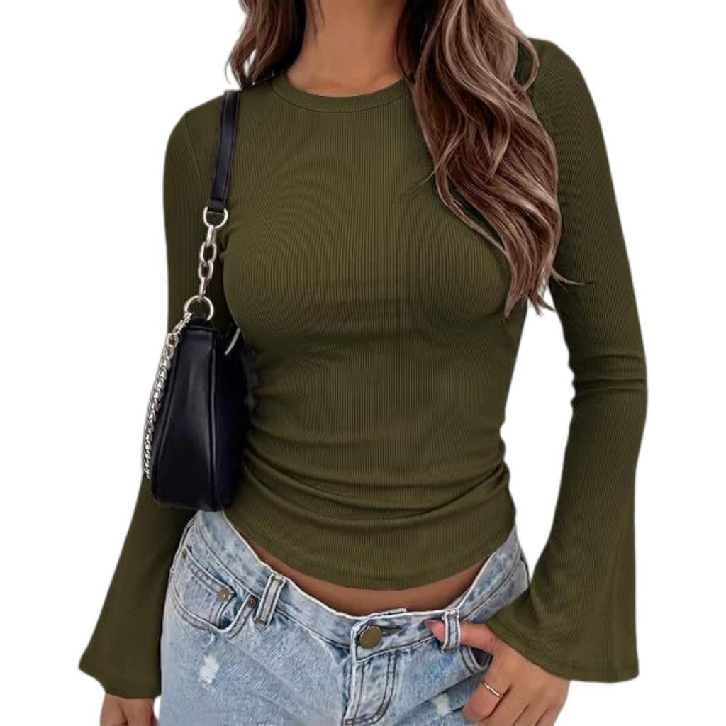 Women's Stylish Slim Fit Bell Sleeve Casual Blouse with Round Neck for Everyday Wear