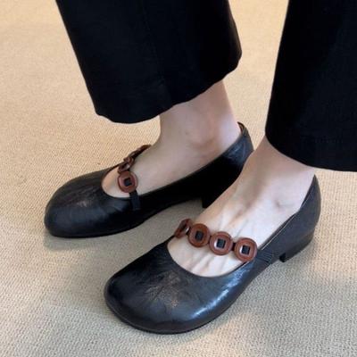 Fashion Mary Jane Shoes Women's Autumn New Versatile Button Thick Heel with Light Mouth Retro Single Shoes