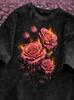 Skull Love Rose Gothic Graphic Print T Shirt Washed Casual Loose Streetwear Daily Wear Short Sleeve Dark Style Top
