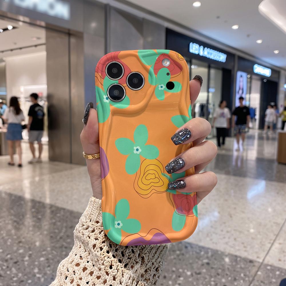 Multicolor Simple Daisy Orange Base Wavy Edge Phone Case For iPhone 17 16 15 14 13 12 11 8 7 Plus Pro Max Floral Cover