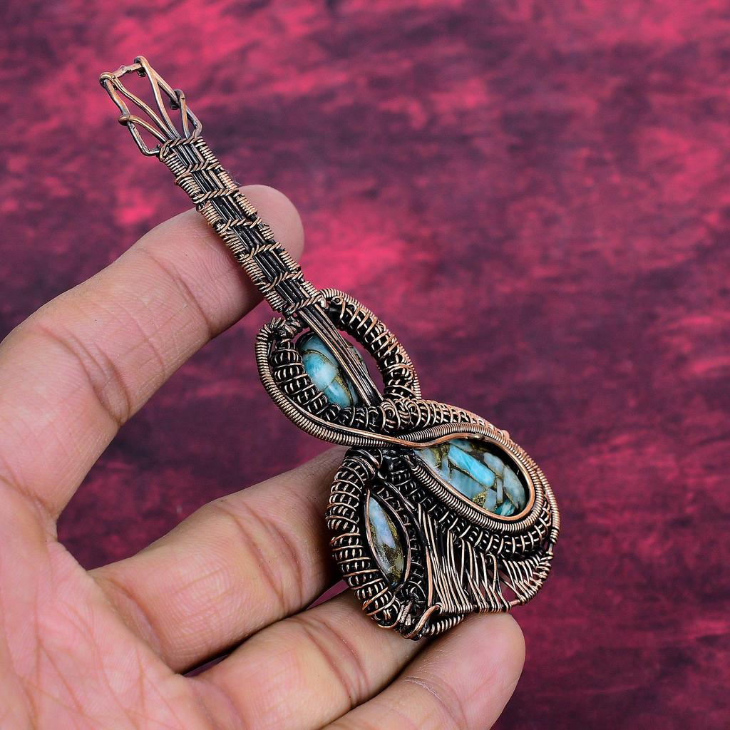Copper Amazonite Gemstone Pendant Handmade Copper Wire Wrapped Guitar Pendant