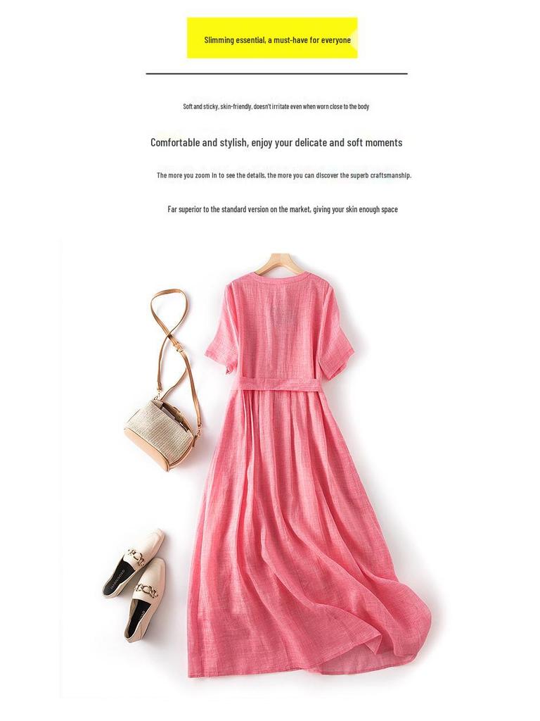 2026 Summer Ethnic Ramie Slim-Fit Long Dress - Women's Waist-Cinching, High-End Style