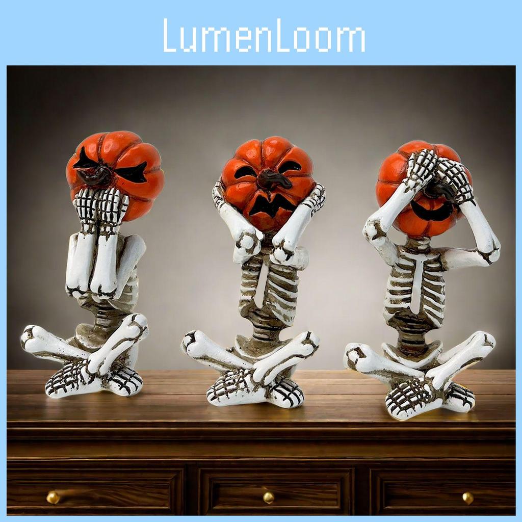 Delightful White Pumpkin Skull Set Three Resin Figurines Perfect For Halloween Parties