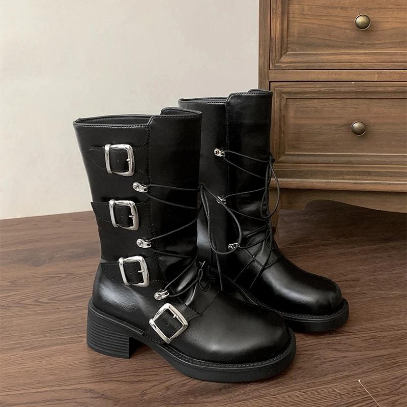 мода Ретро Стиль Женские сапоги до середины голени Модные туфли с пряжкой на ремне Осень — фото 8