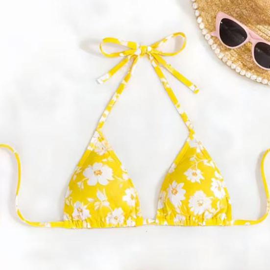 3Pcs/Set Swimsuit Set Halter Chest Pads No Underwire Bra Swimming Briefs Sheer Trim Cover Up Skirt Set Floral Print Split Swimsuit