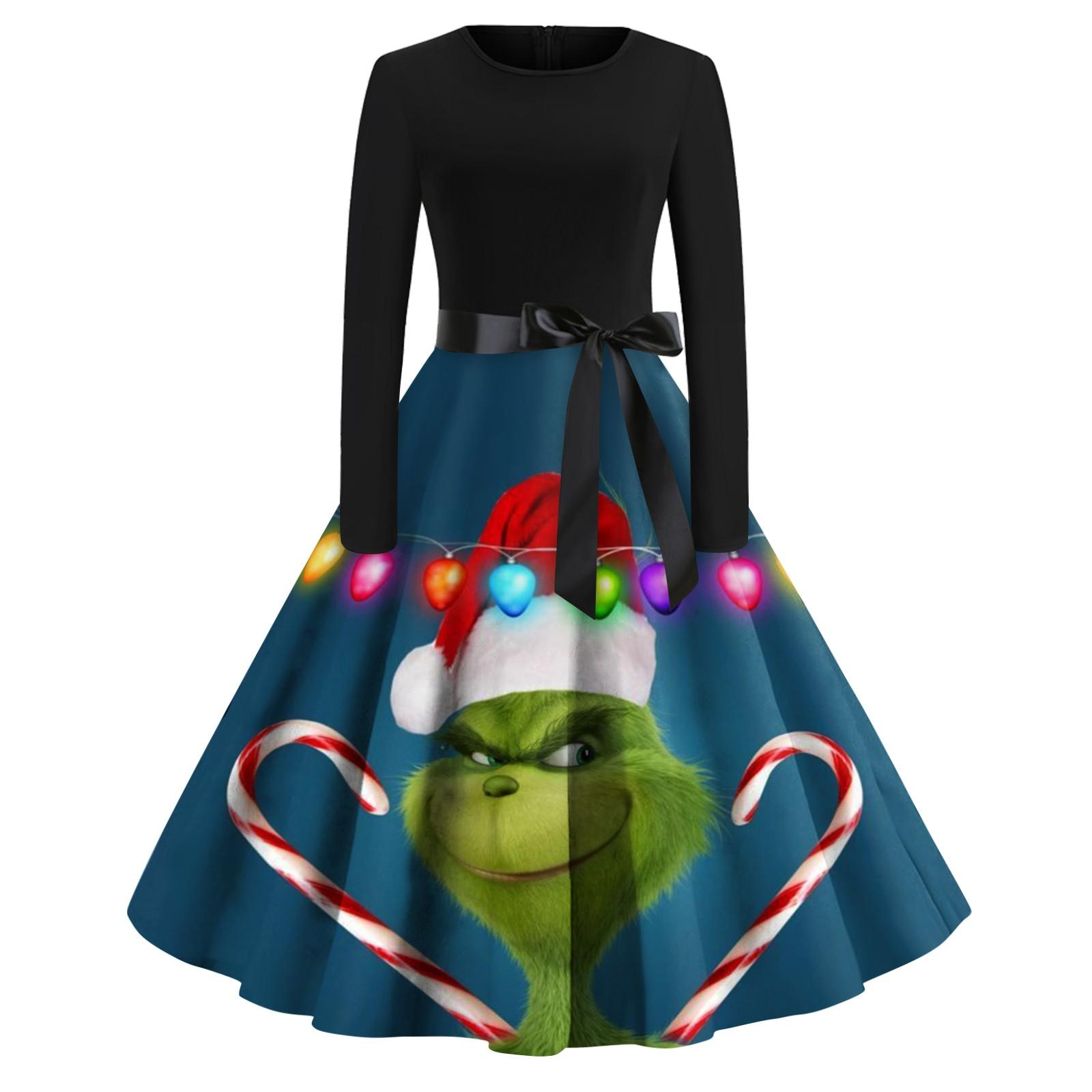 

Женское модное повседневное платье с круглым вырезом и рождественским принтом и длинными рукавами S