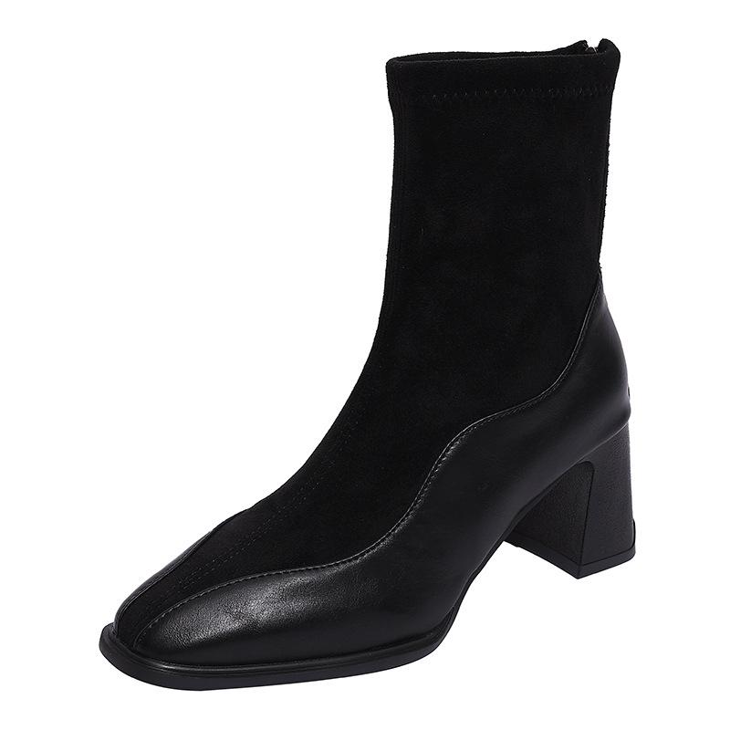 French cowhide thin boots high heel short boots women's autumn and winter new square head temperament Martin boots slim elastic boots