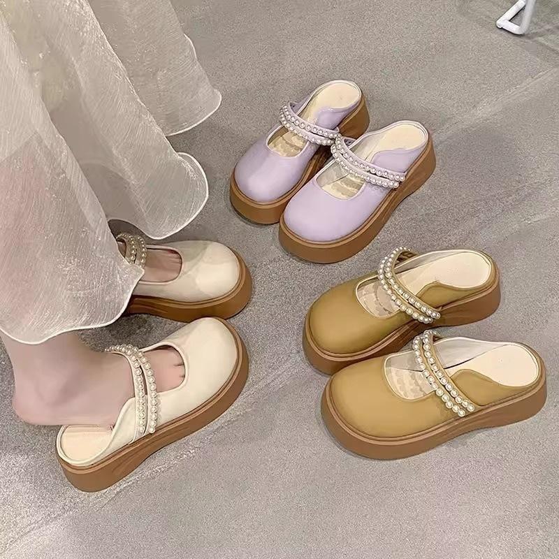 Pearl light luxury Mary Jane shoes half slippers bag head female design sense niche thick sole outer wear