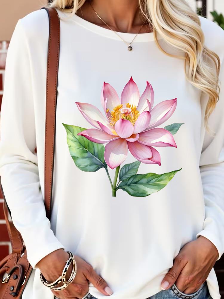 (Asian Size) sweet flower lovely Long Sleeve T Shirt Tee Lady Printed o-neck Women Female Clothing Casual Fashion Top Graphic T-shirts