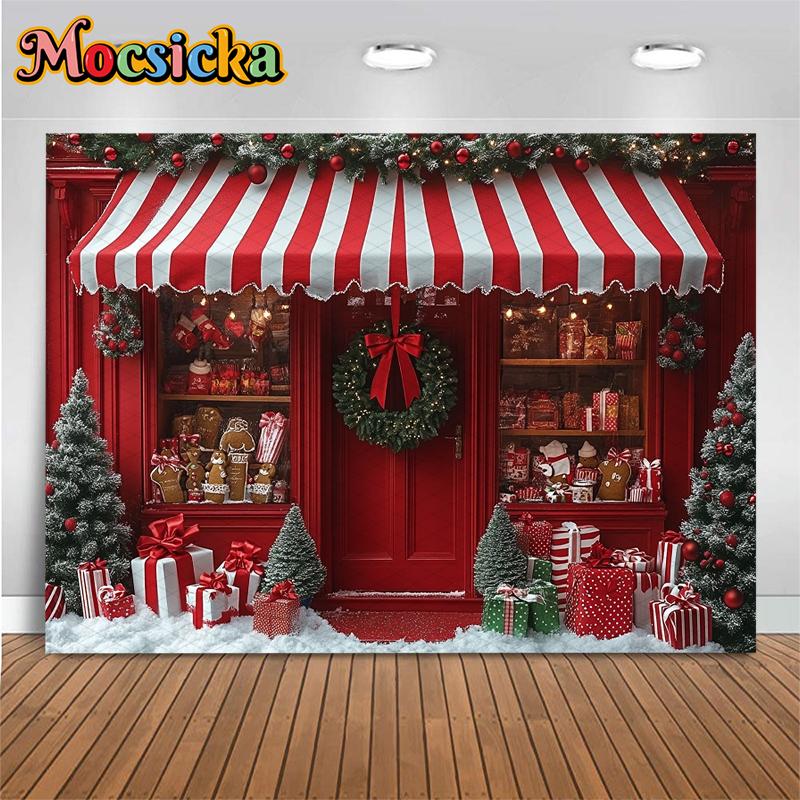 Mocsicka Christmas Shop Photo Background Winter Snow Gift House Store Decorations New Year Party Backdrops Photography Wallpaper