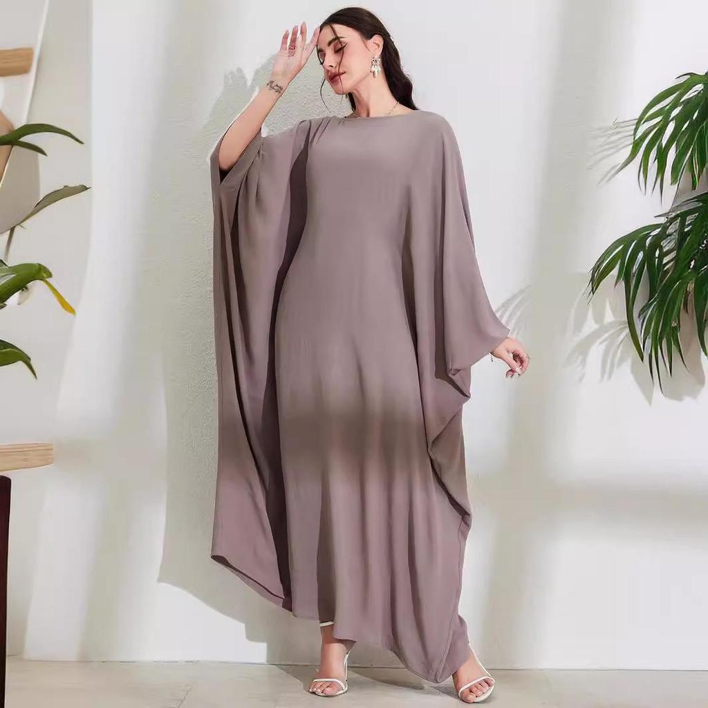 Elegant Long Muslim Robe with Tie-up Batwing Sleeves and Round Neck