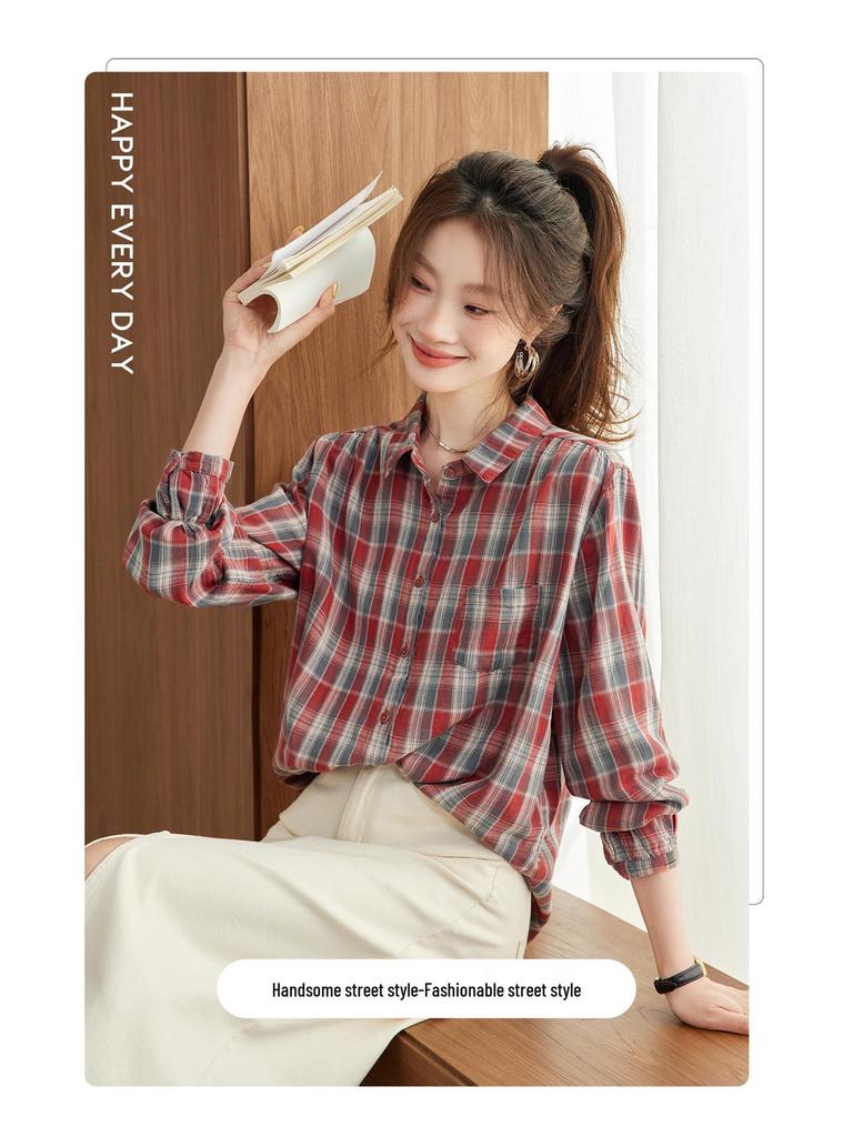 Women's Plaid Loose-Fit Cotton Long Sleeve Lapel Shirt - Spring & Autumn 2025